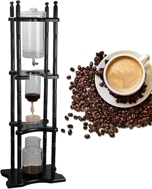 Cold Drip Coffee Maker, 2.5L Large Capacity Cold Brew Coffee Tower, Slow Drip Japanese Cold Brew Maker, with Wood Straight Frame, for Home, Coffee Shop (Black)