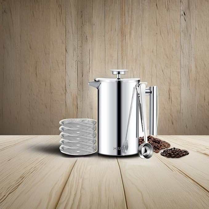 Miuly French Press 34oz, Double Insulated 304 Stainless Steel Coffee Press,Stainless Steel Coffee Maker (34oz, Sliver)