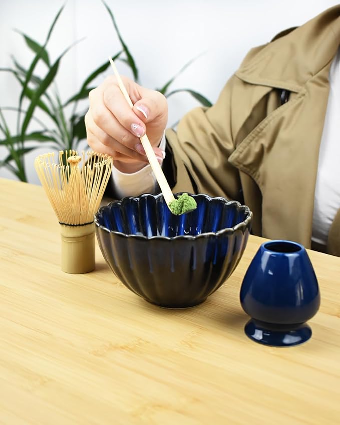Artcome Matcha Tea Set - 17oz Petal-Shaped Matcha Bowl, Bamboo Whisk, Scoop, Whisk Holder & Brewing Guide - Japanese Tea Ceremony Tools for a Perfect Matcha Experience, Dark Blue