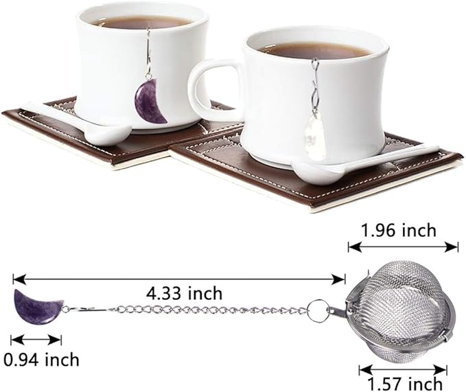 2pcs Tea Strainers, Scdom Stainless Steel Ball Mesh Tea Infusers, Amethyst & White Crystal Moon Pendant Tea Ball Tea Filter with Extended Chain Hook for Brew Fine Loose Tea and Spices & Seasonings