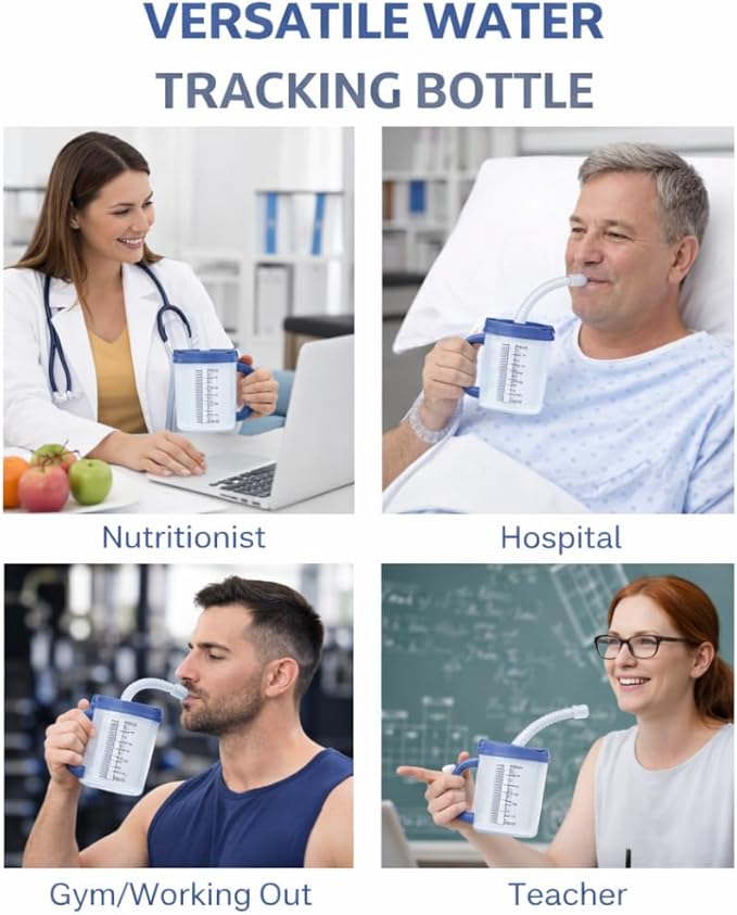 Vakly Hospital Carafe Insulated Double-Walled Water Tracking Bottle 18 oz – Refillable Hot & Cold Bottle with Flexible Straw and Pouring/Sipping Spout for Bedside or Patient Care