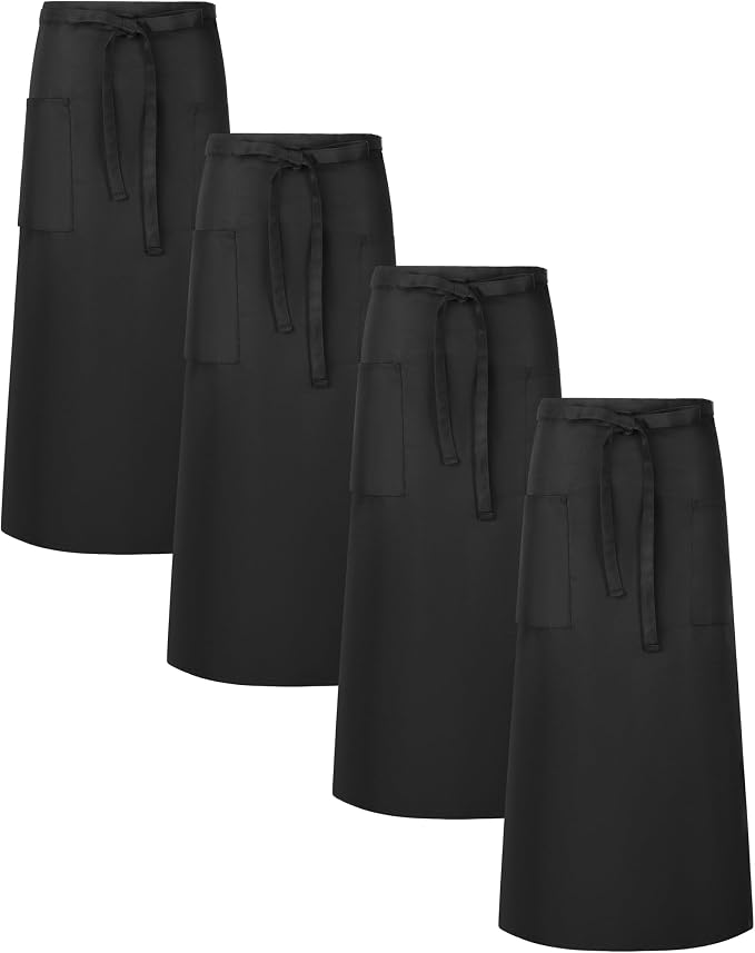 Xtinmee 4 Pcs Bistro Aprons 2 Pockets 32" Waterproof Half Waist Black | Server Aprons with 2 Pockets Unisex, Long Waist Ties, for Halloween Party Chef Waiter Bartender Cooking Restaurant Cafes by Xtinmee