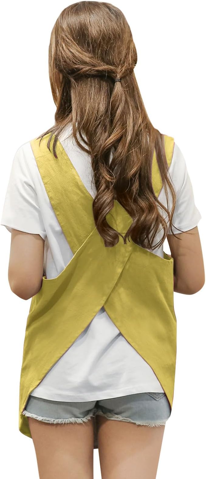 Shortened Design Apron, Japanese Style Soft Cotton Linen Apron with Two Side Pockets, X Cross Halter Aprons, Kitchen Cooking Clothes Gift for Women DIY Project, Crafting, Cooking, Baking(Yellow) - Image 7