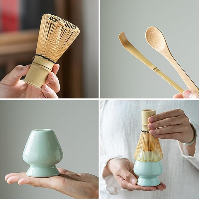 Matcha Whisk Set - Matcha Set 4 Pcs - Bamboo Matcha Whisk + Ceramic Whisk Holder + Scoop +Spoon - 100% Handmade from natural Bamboo - for starter