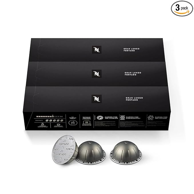 Nespresso Capsules Vertuo, Fortado Gran Lungo Americano, Dark Roast Espresso Coffee, 30 Count Coffee Pods, Brews 5.0oz.