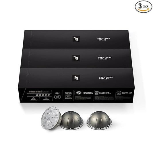 Nespresso Capsules Vertuo, Fortado Gran Lungo Americano, Dark Roast Espresso Coffee, 30 Count Coffee Pods, Brews 5.0oz.