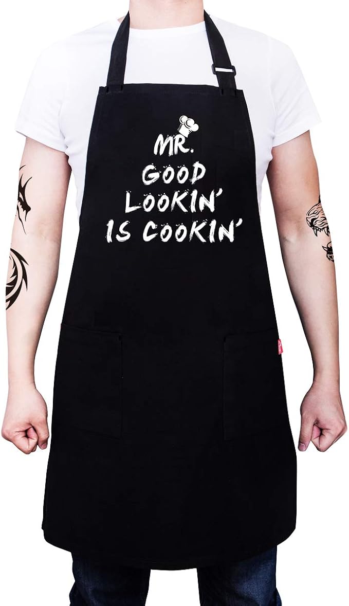 Kitchen Chef Apron - MR. GOOD LOOKIN' IS COOKIN' Funny Aprons for Men Dad - Adjustable Bib Apron with 2 Pockets and 40" Long Ties, Perfect for Cooking, Grilling, BBQ, Baking - Black - Image 2