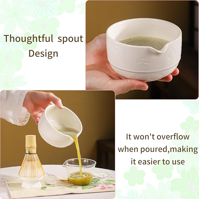 Matcha Set, 8-Piece Ceramic Matcha Bowl & Whisk Kit with Mushroom Pattern, Traditional Japanese Chawan, Bamboo Chasen, Scoop & Sifter, Gift for Tea Lovers, Zen Tea Ceremony Accessories (white)