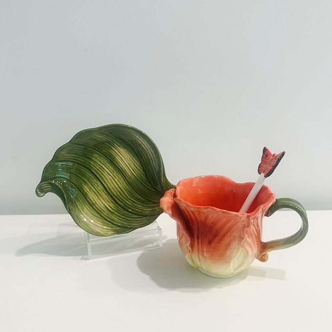 Ceramic Tea Cup and Saucer Set ，6OZ 3D Hand-Painted Flower Coffee Mug，Gift for Women -Orange Tulip