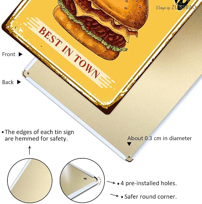 Hamburgers Tin Signs Vintage Metal Sign Funny Food Art Printing Poster Wall Decor for Home Kitchen Bar Restaurant Cafe Pub Indoor Outdoor 12x8 Inch Hanging Plaque - Image 3