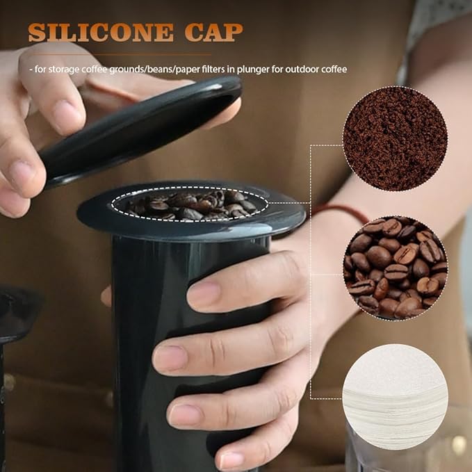 Metal Coffee Filter with Plunger Cover Lid Compatible with Aeropress XL Coffee Maker Reusable Accessories Parts Stainless Steel Filters and Silicone Travel Cap