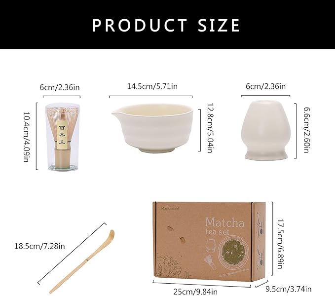Matcha Tea Set – Traditional Japanese Ceremony Kit with 18.5OZ Ceramic Bowl, Bamboo Whisk, Scoop, and Holder – Ideal for Authentic Matcha Preparation and Gifting (Cream White)