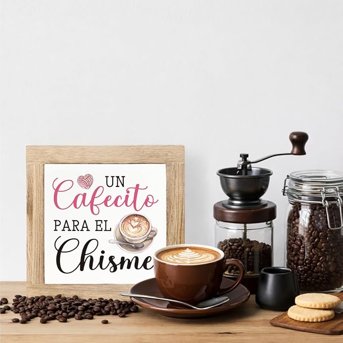 Pink Coffee Bar Signs,Cafe Sign for Home Kitchen Office Cafe Bar Tabletop Shelf,Coffee Station Decor for Gift,5.9x5.9 Inches Wooden Plaque