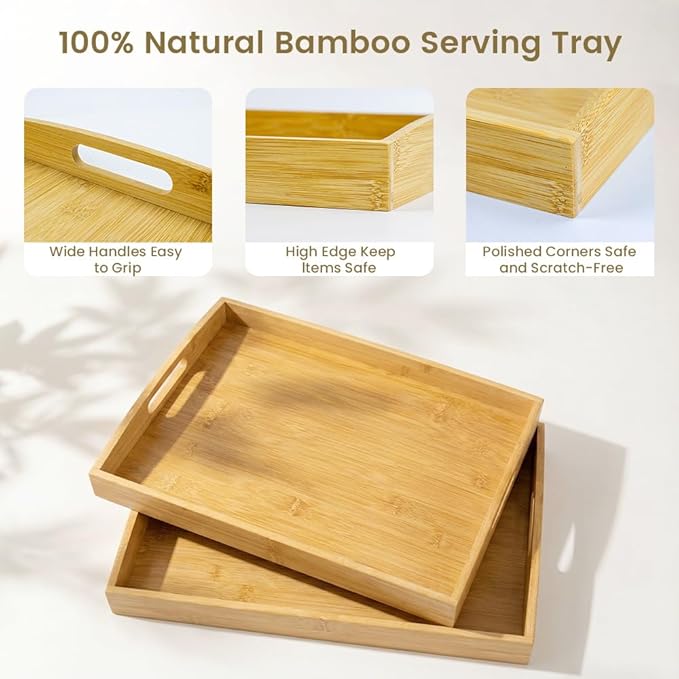 Bamboo Serving Tray with Handles - 2 Pack Wooden Food Tray for Breakfast in Bed, Eating, Decor and Storing - Decorative Trays Platter Use for Kitchen, Ottoman, Living Room, Party and Restaurant