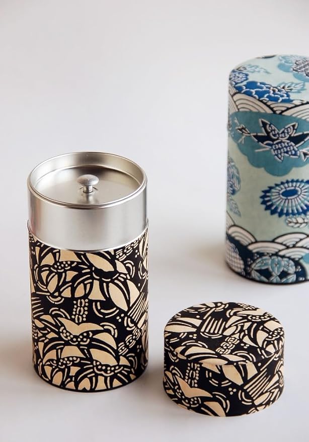 Japanese Pokkan Matcha Coffee Spice Tea Tin Canister Washi Paper Storage with Lid 7.05 oz Capacity (Kenran Nami)