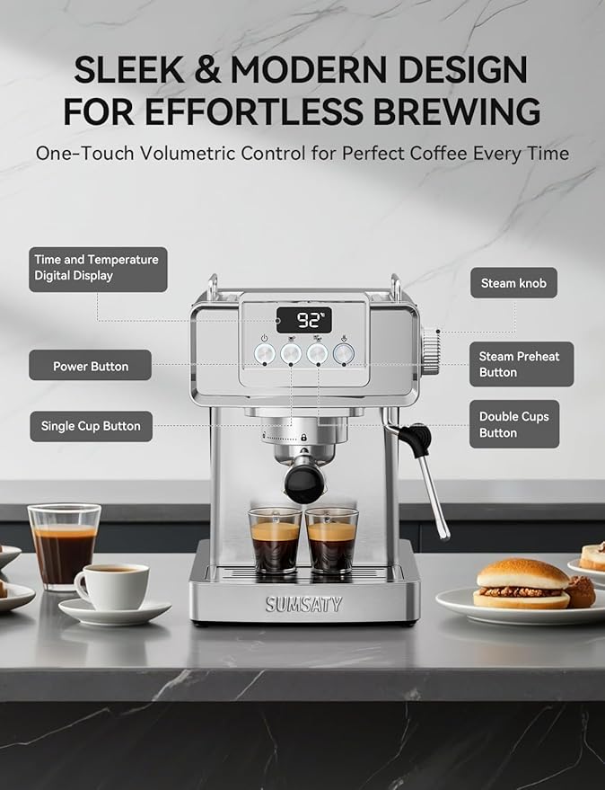 Espresso Machine 20 Bar, Stainless Steel Espresso Maker Professiona Coffee Maker with Power Steam & LED Display for Home Barista, Americano, Latte, Cappuccino Maker, 1.8L Water Tank