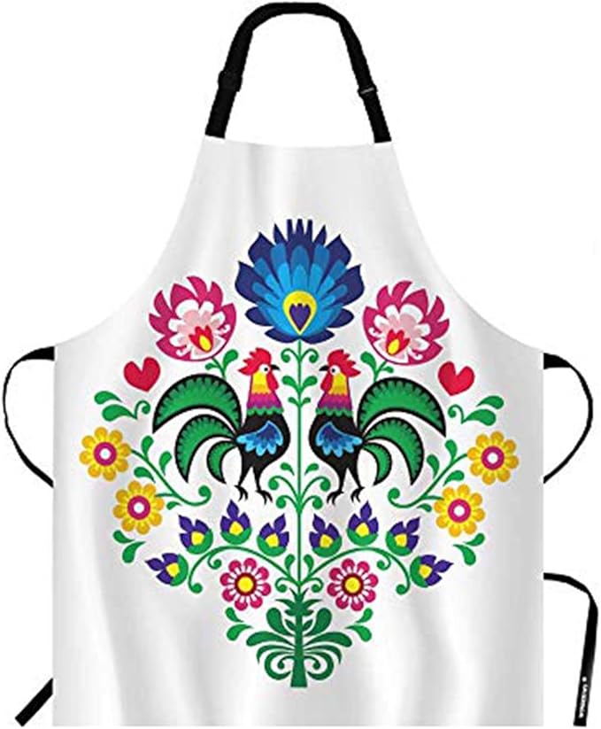 WONDERTIFY Roosters Apron,Polish Folk Pattern with Roosters and Floral Bib Apron with Adjustable Neck for Men Women,Suitable for Home Kitchen Cooking Waitress Chef Grill Bistro Baking BBQ Apron