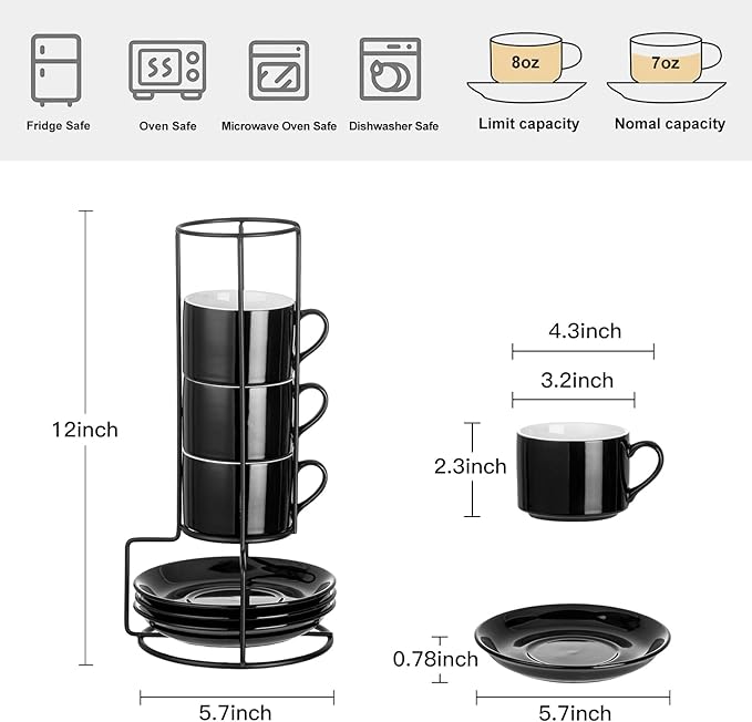 8oz Porcelain Stackable Cappuccino Cups with Saucers and Metal Stand Set of 4, Cappuccino Cups Set of 4, Black Coffee Cups for Espresso, Specialty Coffee Drinks, Latte, Americano and Tea