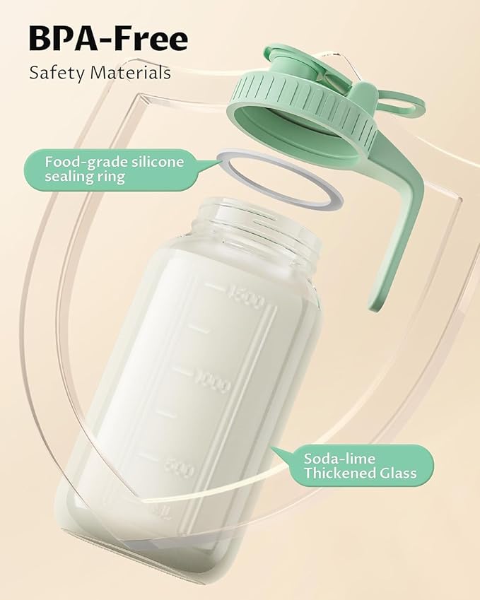 2 Pack - 64oz Glass Breast Milk Pitcher with Lid & Spout, Leakproof Mason Jar Breastmilk Pitcher - Wide Mouth, Airtight 2 Quart Water Jug for Milk Storage, Breastmilk, Sun Tea, Iced Coffee, Juice