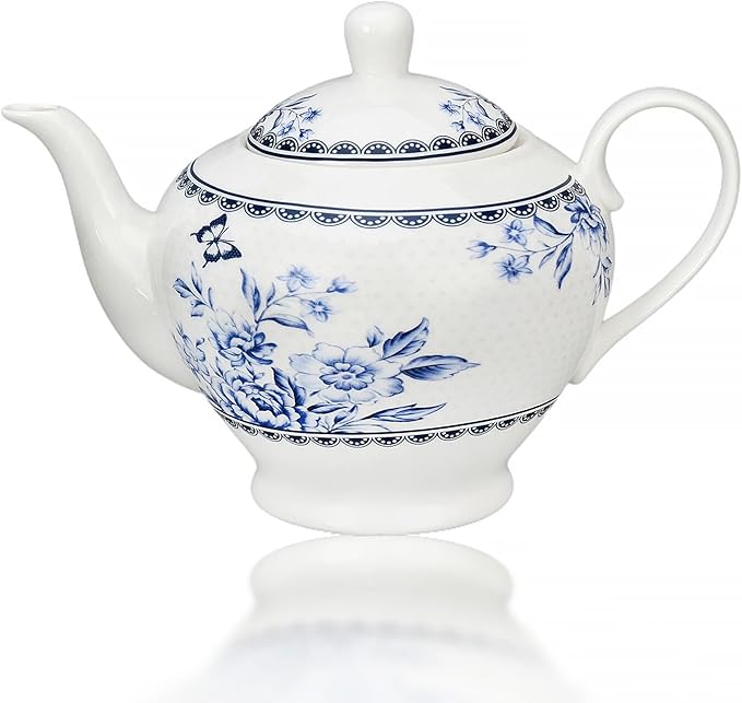 Vintage Indigo Porcelain Teapot 40 oz. Microwave & Dishwasher Safe Tea Pots for Tea, Pots for Women Gift