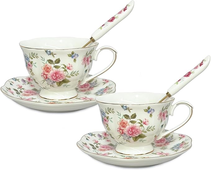 Noviko Floral Tea Cups and Saucers Flower Ceramic Cup for Women and Tea Parties (6 oz, Set of 2)