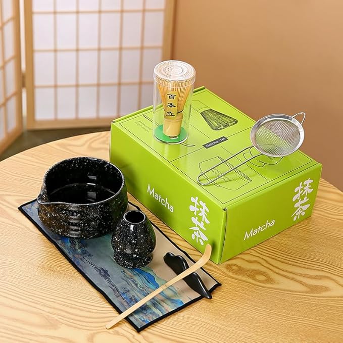 Matcha Set Matcha Whisk Matcha Bowl With Water Ladle Matcha Whisk Holder Tea Making Kit.Japanese Tea Set(7pcs)+1Spoon，Celadon Blue gift set… (Black spots)