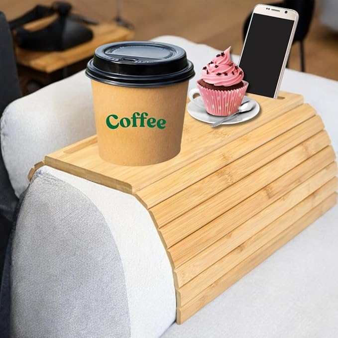 Bamboo Sofa Arm Tray, Couch Armrest Tray - Natural Bamboo Design Couch Armrest Table Caddy for Snacks, Drinks, Remote, Cups | Flexible & Foldable (Natural Bamboo)