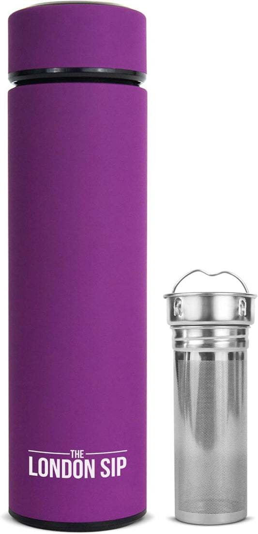 The London Sip Multi-Purpose Travel Mug and Tumbler Fruit Infused Flask Hot and Cold Double Wall Stainless Steel Thermos with Extra-Long Infuser, Purple