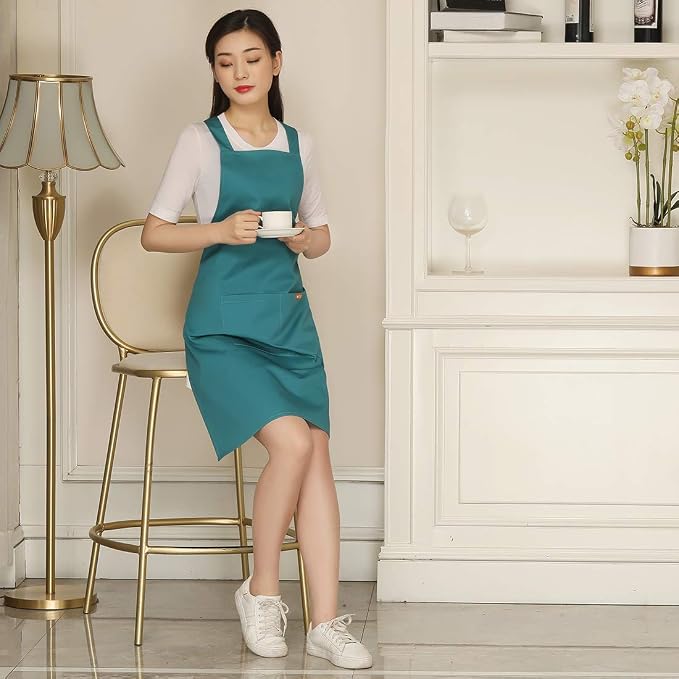 NEWGEM 100% Cotton Cross Back Apron for Women with 2 Pockets - Adjustable Button Straps Pinafore, No Neck Pain Kitchen Chef Apron for Baking, Gardening, Art Teacher (Light Green) - Image 5