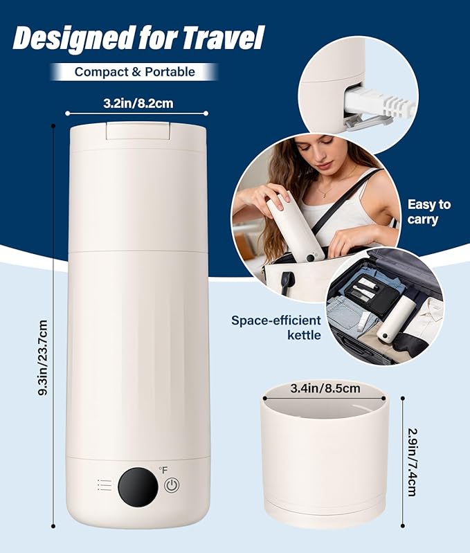 Portable Electric Kettle for Travel, 316 Stainless Steel Kettle, Hot Water Boiler with 2-In-1 Lid & Cup, 500ML Travel Tea Kettle with 8 Temperature Control, Auto Shut-Off & Boil Dry Protection (White)