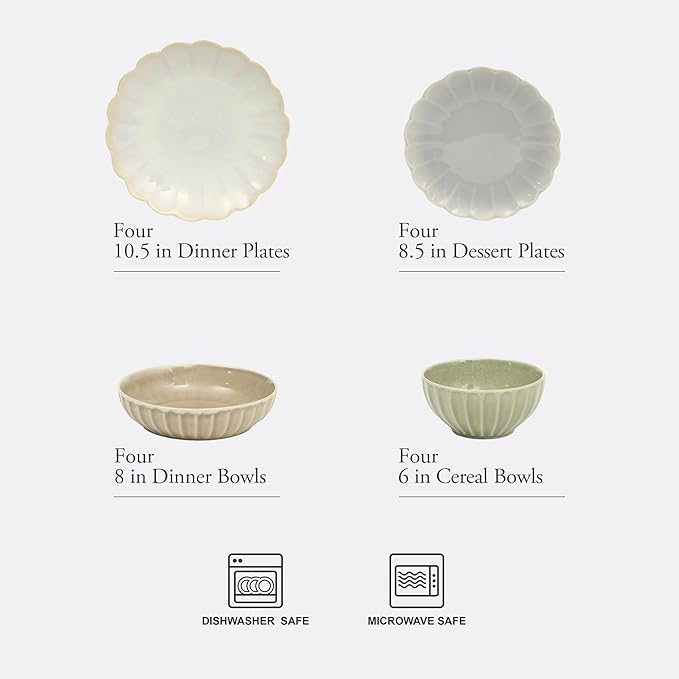 Gibson Elite Malibu Shore 16 Piece Scallop Stoneware Reactive Glaze (Service for 4) Ceramic Plates and Bowls Dinnerware Set - Assorted Color (Shiny Cream White, Blue, Cream, Terracotta)