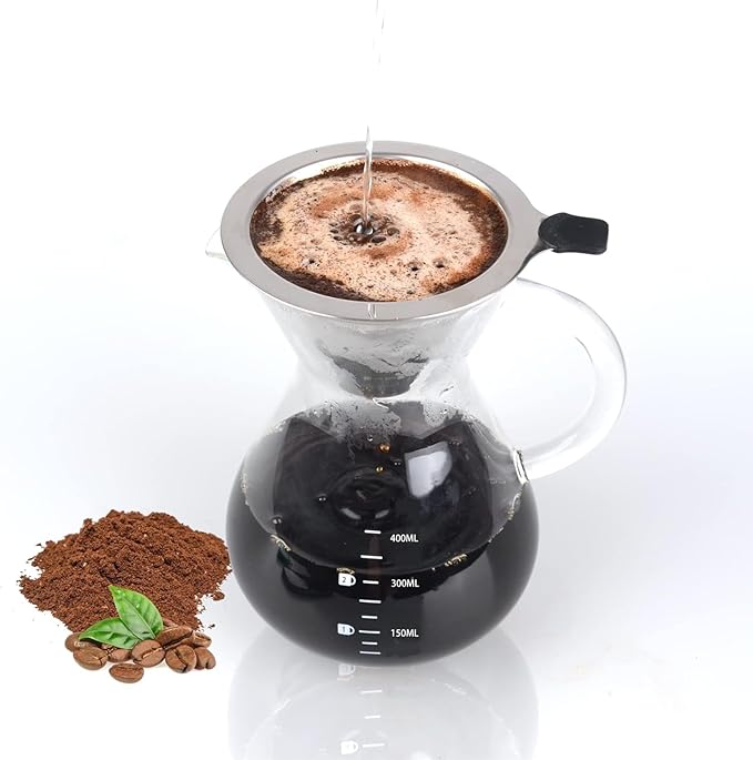 T-mark Pour Over Coffee Maker with Reusable Double-layer Stainless Steel Filter, 400ml/14oz BPA-Free Glass Coffee Carafe, Glass Coffee Maker, Coffee Dripper Brewer