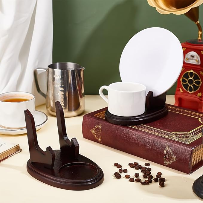 PH PandaHall 2pcs Wood Tea Cup and Saucer Display Stand, Brown Single Cup Display Wooden Saucer Holder Racks Organizer for Kitchen Table Plate Art Decorative, 5.9x3.8x4.4 inch
