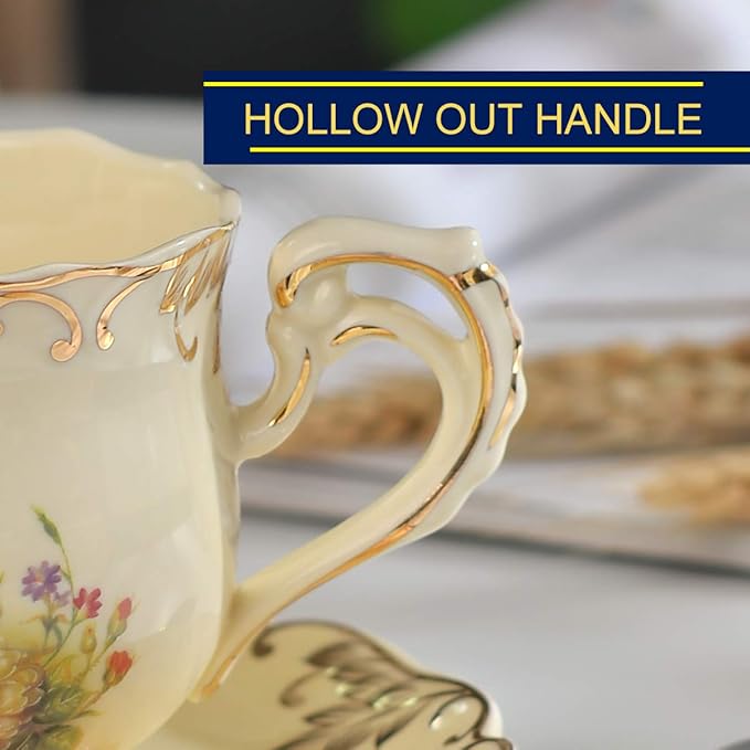YOLIFE Tea Cups and Saucers Set of 2, Vintage Floral Porcelain Tea Cups with Holder- 8 oz