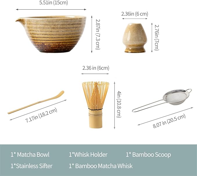 Traditional Matcha Tea Ceremony Set with Ceramic Bowl, Bamboo Whisk, Stand and Strainer, 5-Piece (yellow)
