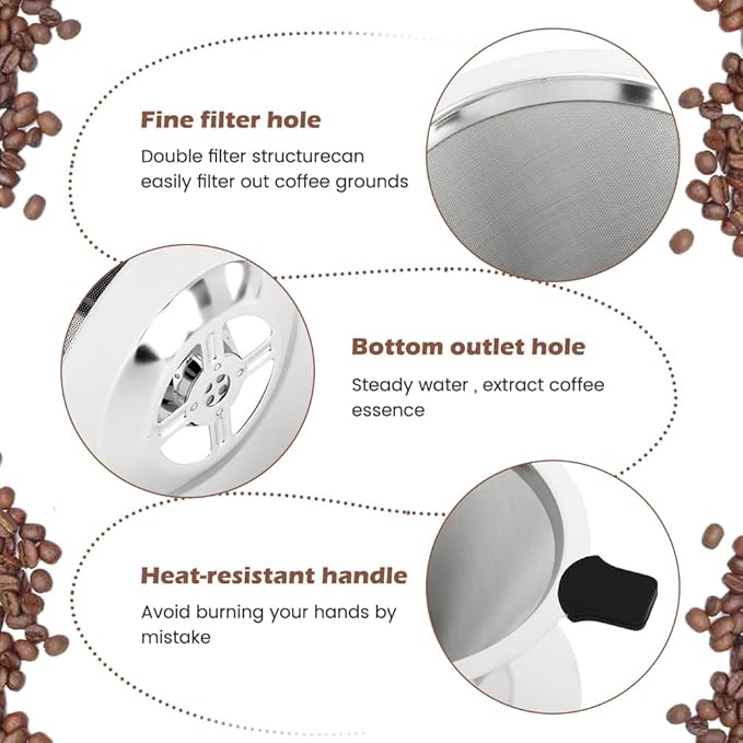 Pour Over Coffee Dripper,Upgraded Double Micro Mesh Filter With Cleaning Brush & 15g Measuring Scoop,Stainless Steel Reusable Coffee Filters Metal Cone-Filter Paperles(1-2cups)