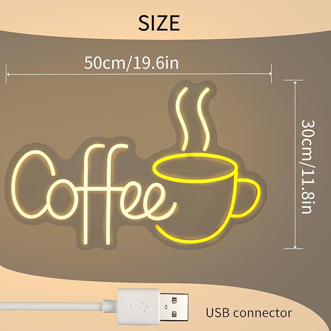 Coffee Neon Sign LED Coffee Lights for Coffee Bar Shop Wall Decor 19.6x11.8 Inch USB Powered Neon Light for Cafe Kitchen Coffee Station Restaurant Pub Home Wall Art Decorative Night Light Sign