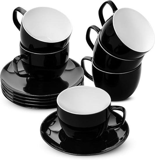 BTaT- Cappuccino Cups with Saucers 8 oz, Set of 6, Black Porcelain Coffee Cup and Saucer Set for Latte, Mocha, Tea, Au Lait, Flat White, Dishwasher, Microwave, Freezer and Oven Safe