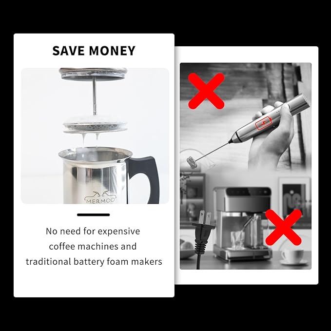 MERMOO YILAN Manual Milk Frother 14oz Stovetop Milk Foamer Non-electric Handheld Frother for Latte Art and Cappuccinos Perfect for Camping, Travel, Home (Silver)