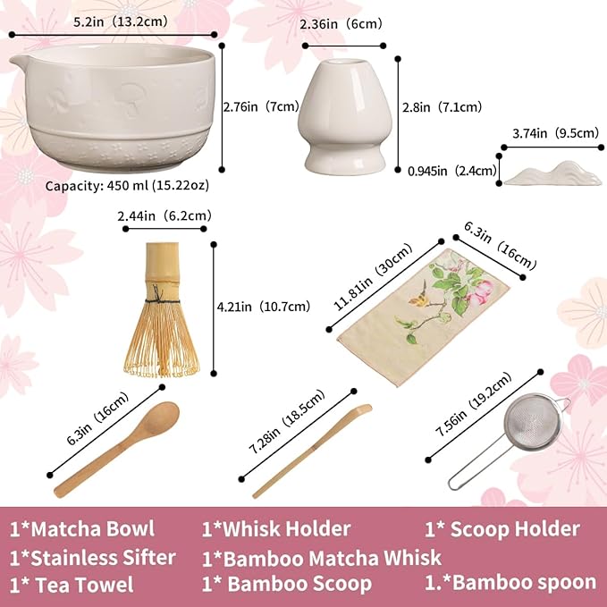 Matcha Set, 8-Piece Ceramic Matcha Bowl & Whisk Kit with Mushroom Pattern, Traditional Japanese Chawan, Bamboo Chasen, Scoop & Sifter, Gift for Tea Lovers, Zen Tea Ceremony Accessories (white)