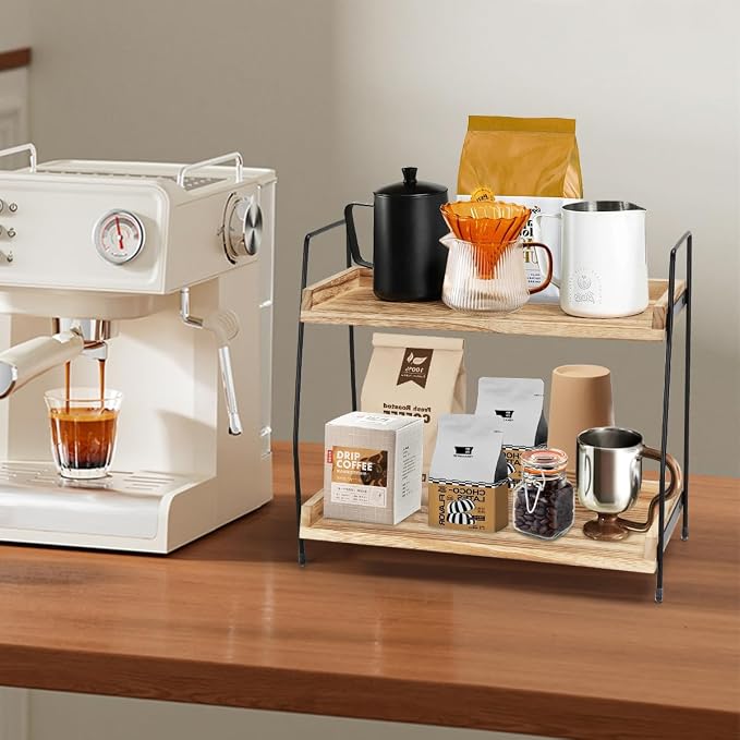 2-Tier Coffee Station Organizer for Countertop, Wooden Coffee Bar Organizer with 2 Cup Hooks, Countertop Storage for Bathroom, Kitchen, Holiday Decorations - Image 6