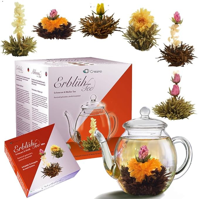 Creano Blooming Tea Gift Set with Glass Pot 17oz/500ml with 6 Flowering-Tea each 3pcs White & Black Tea