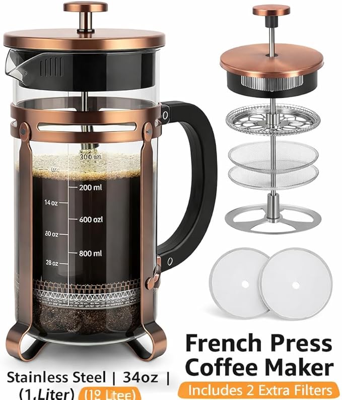French Press Coffee Maker, 34Oz Coffee Press with 304 Stainless Steel 4 Filters, Borosilicate Glass Heat Resistant Carafe, 100% BPA-Free Teapot & Coffee Press, Copper Finish