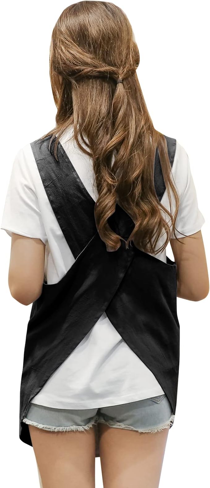 Shortened Design Apron, Japanese Style Soft Cotton Linen Apron with Two Side Pockets, X Cross Halter Aprons, Kitchen Cooking Clothes Present for Women DIY Project, Crafting, Cooking, Baking(Black) - Image 6