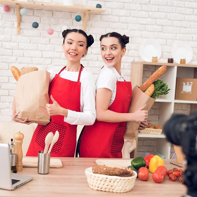 Total 6PCS Red Aprons Bulk for Women Unisex Plain Colour Bib Aprons with 2 Front Pockets Washable Apron for Painting Cooking Baking Kitchen Restaurant Crafting - Image 6