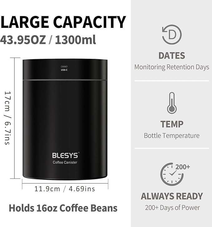 Smart Vacuum Coffee Canister, Automatic Stainless Steel Food Storage Container, LCD Monitoring, One-touch Freshness, Date Tracker, Extra-long Standby Time, Holds 16 oz Coffee Beans (Black, 1.3L)