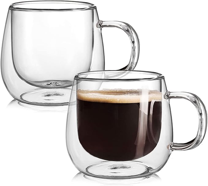 Double Wall Glass Coffee Mugs 16oz Set of 2 Insulated Clear Tea Cups with Handle, Perfect for Espresso, Latte and Cappuccinos