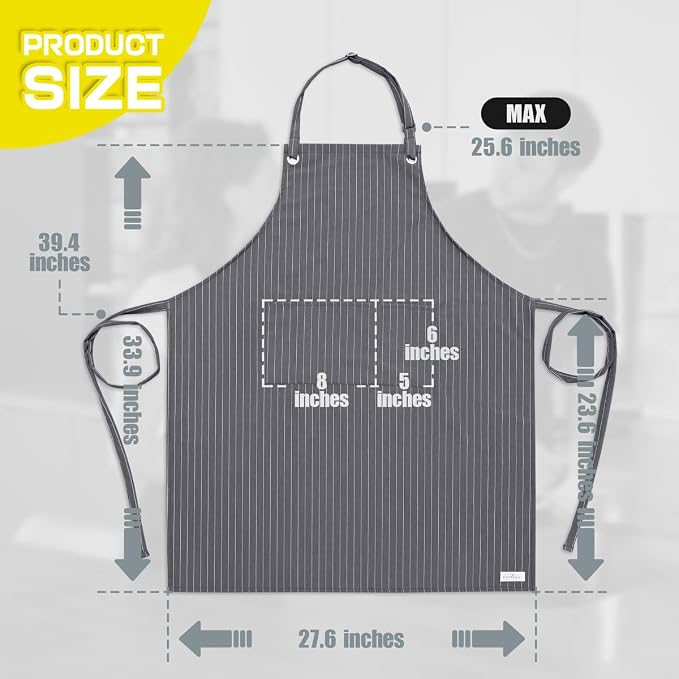 ROTANET Stripe Stretch Apron Chef Aprons for Men with 2 Pockets Waterproof | 34" x 28", Plus Size for Big and Tall, Striped, Pinstripe, Apron for Men Women, Extra Large, for Cooking, Kitchen - Image 2