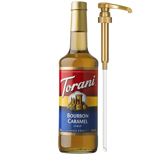 Torani Coffee Syrup, Bourbon Caramel Flavoring for Drinks, Glass Bottle with Pump Included, 25.4 Fl Oz