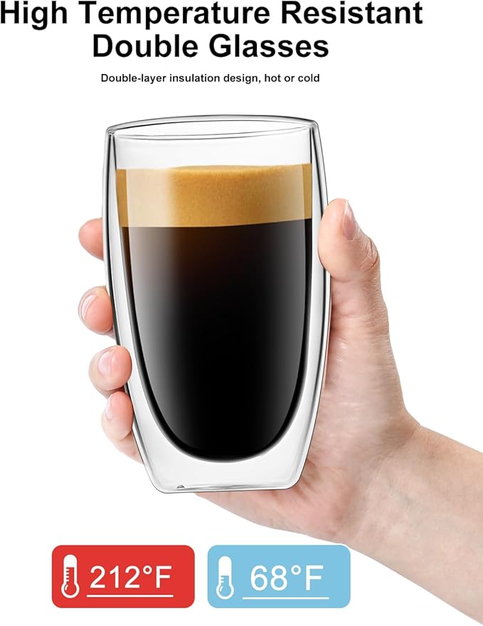 LUXU 16 Oz Double Walled Glass Coffee Mugs,2-Pack Premium Coffee Cups,Double Wall Insulated Glass Coffee Cups,Clear Borosilicate Glasses Mugs,Perfect for Cappuccino,Espresso,Hot Beverage and Beverage.